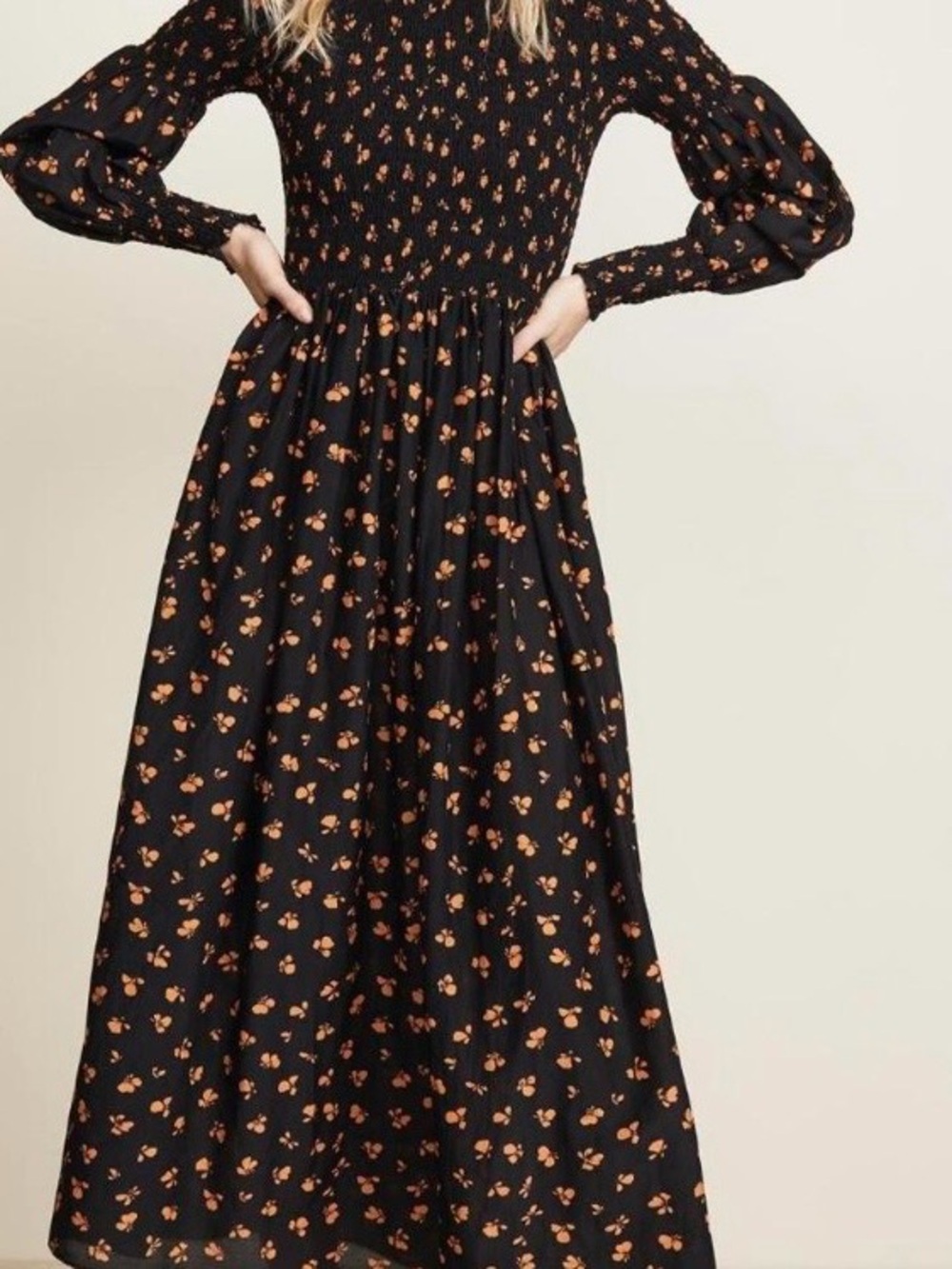 Ganni Beacon Black Maxi Dress with Orange Floral Print